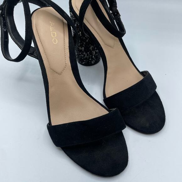 Aldo Black Rhinestone Chunky Heel Peep Toe Shoes Womens 6.5 Glitter Party Glam - Picture 5 of 8